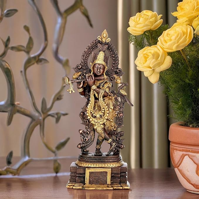 Amazon Brand - Umi Large Flute Krishna Figurine Hindu God Brass Statue, Height : 14 Inch (Copper Gold)