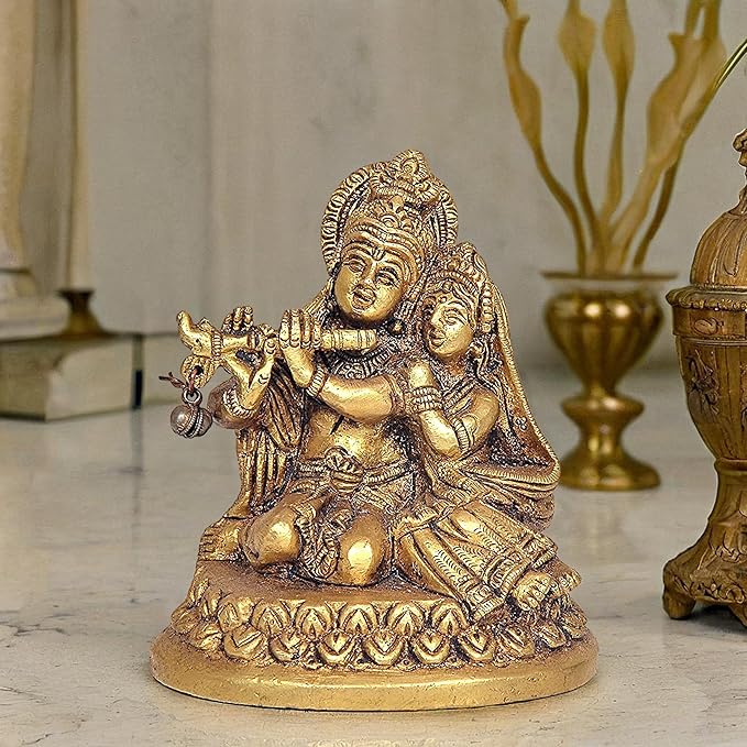 Amazon Brand - Umi Radha Krishna Idol Sitting On Asan Decorative Showpiece Brass Statue Golden (Height: 4 Inches)
