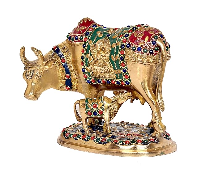 Amazon Brand - Umi Kamadhenu Cow God Idol Religious Sculpture Figurine in Brass (Height 7 Inch)