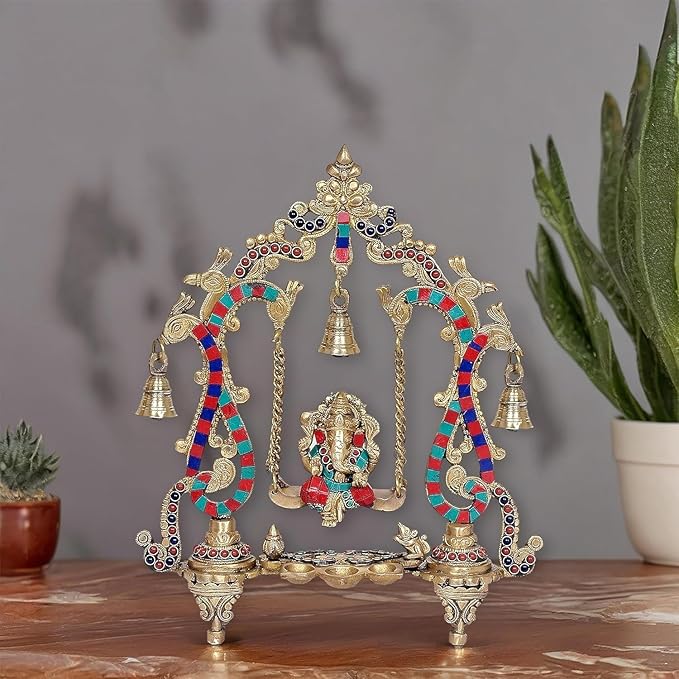 Amazon Brand - Umi Brass Swinging Ganesh Statue with Diya Statue, Swinging Ganesh Idol, Jhula Ganesh Murti (Height: 14 Inches)