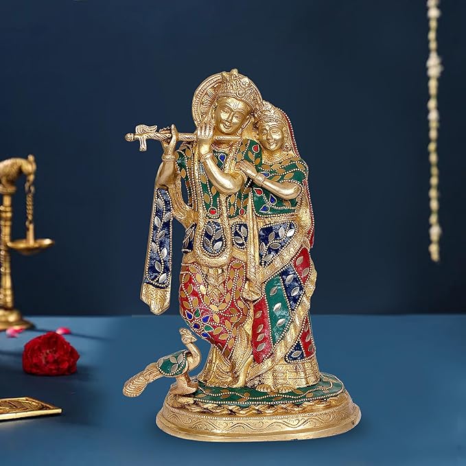 Amazon Brand - Umi Brass Radha Krishna Idol Statue with Peacock for Home Decor Temple | Height : 11.5 inches