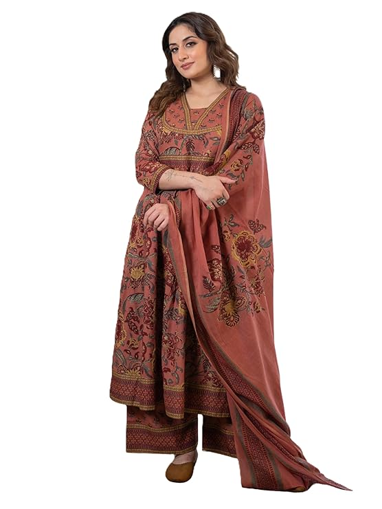Arayna Women’s 100% Cotton Anarkali Kurta Set with Pant & Dupatta | Jaipuri Floral Ethnic Suit