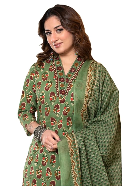 Arayna Women’s Cotton Printed Kurta Set with Pants & Dupatta – 3/4 Sleeve | Elegant Ethnic Wear