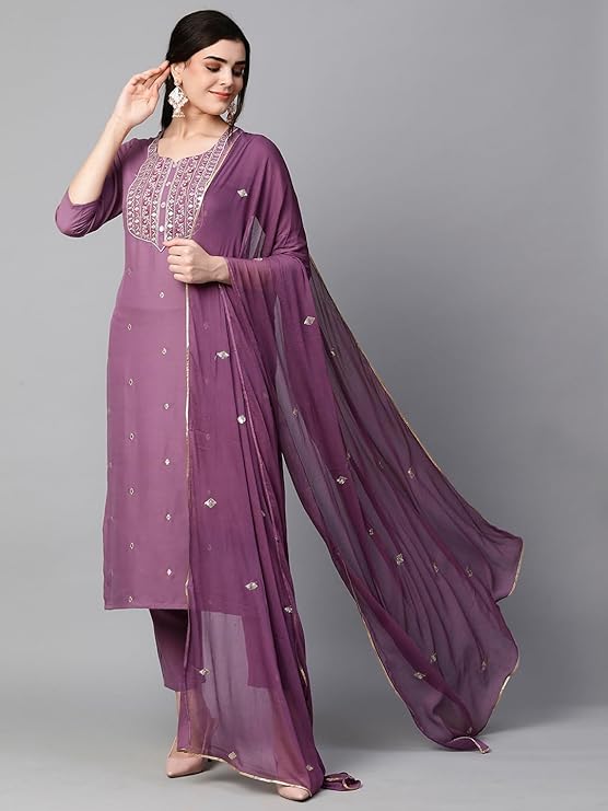 GoSriKi Women’s Cotton Blend Embroidered Kurta Set with Pant & Dupatta – Straight Calf‑Length, 3/4 Sleeve, Round Neck – Elegant Ethnic Attire (5 Colors, S–5XL)