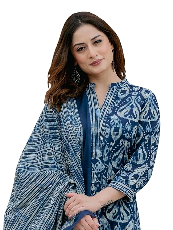 Arayna Women’s 100% Pure Cotton Ikat Printed Ethnic Straight Kurta Pant and Dupatta Set for Women