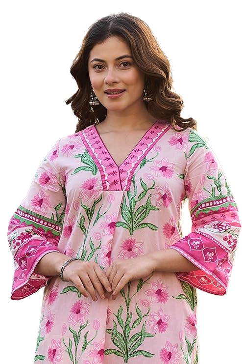 Arayna Women’s 100% Pure Cotton Printed Kurta Pant Set | Floral Ethnic Co-Ord Set for Women | Straight Kurta with Printed Pants