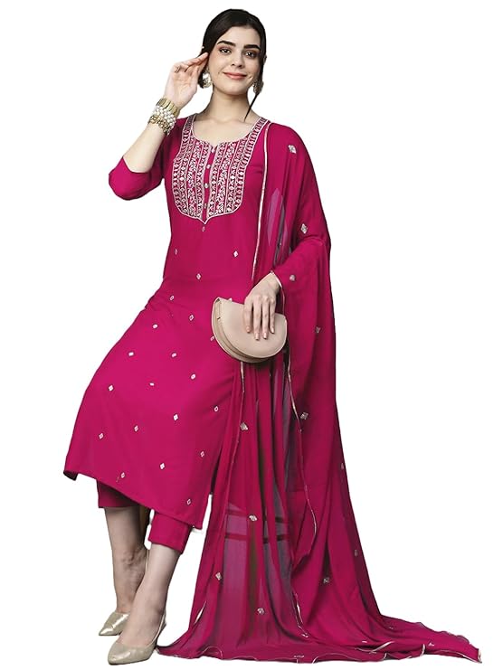 GoSriKi Women’s Cotton Blend Embroidered Kurta Set with Pant & Dupatta – Straight Calf‑Length, 3/4 Sleeve, Round Neck – Elegant Ethnic Attire (5 Colors, S–5XL)