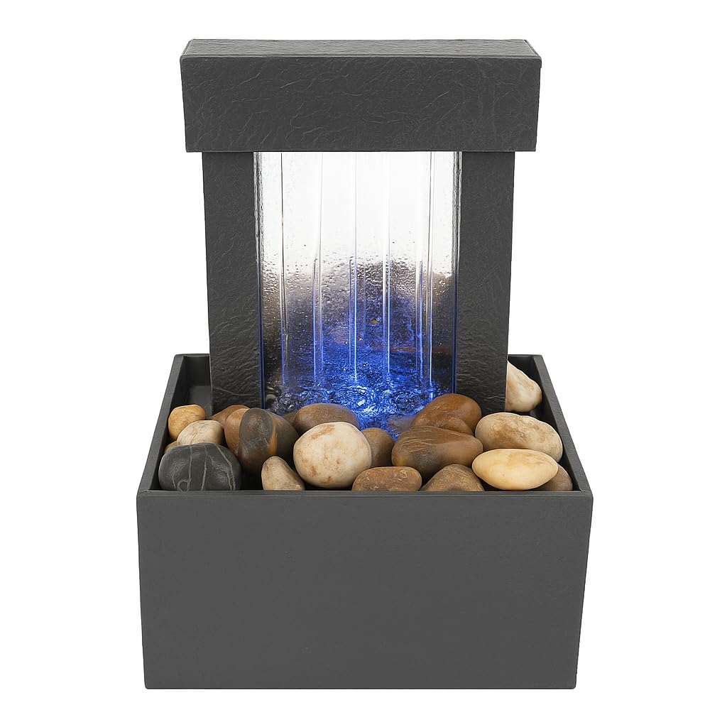 Mirrored Waterfall Tabletop Fountain with LED Light Show & Natural River Rocks – Indoor Decorative Water Feature for Home, Office, Meditation & Feng Shui Décor