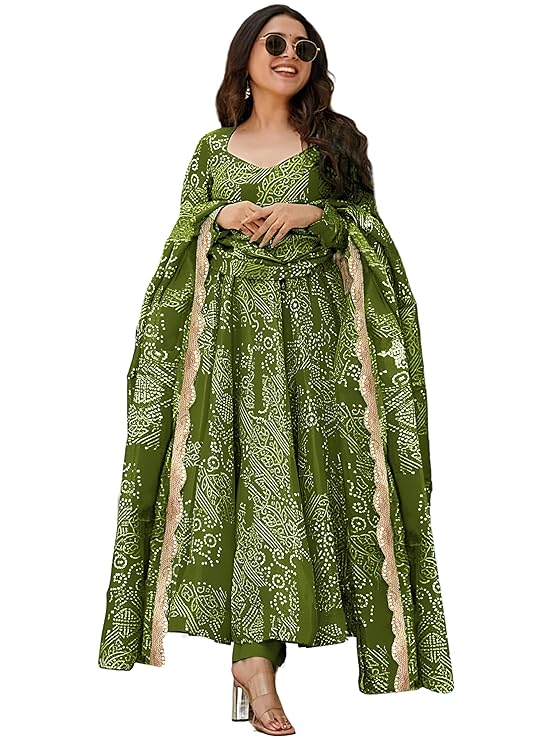 Pinkmint Women's Bandhani Print Flared Anarkali Muslin Kurta Set with Pant & Stylish Dupatta Ethnic Long Sleeve Dress Suit Set
