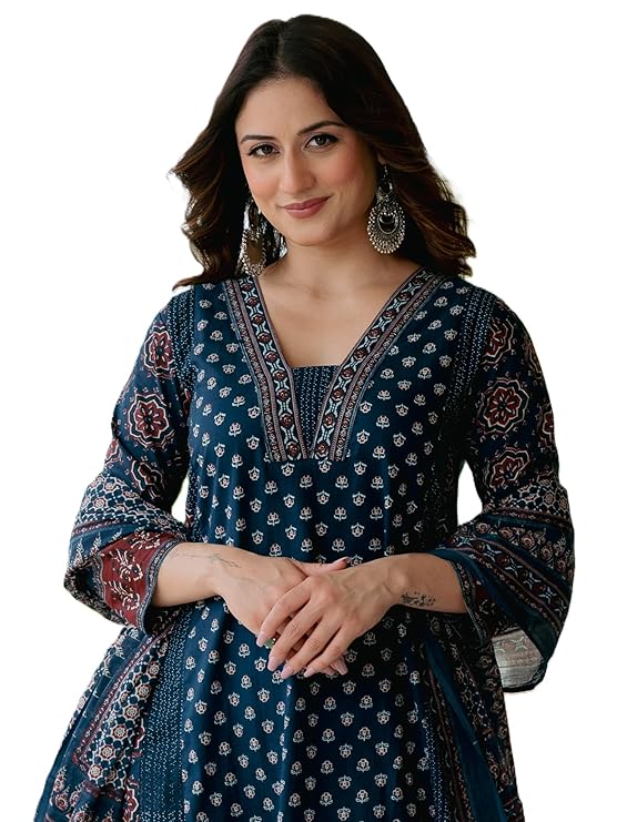 Arayna Women’s 100% Pure Cotton Printed Ethnic Suit | A-Line Kurta Set with Pant & Dupatta