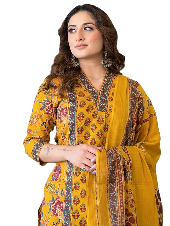 Arayna Women's Pure Cotton Block Printed Ethnic Wear Kurta Set with Palazzo Pants & Dupatta, Mustard Yellow