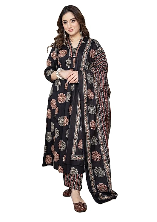 Arayna Women's Pure Cotton Intricate Block Printed Ethnic Wear Kurta Set with Palazzo & Dupatta