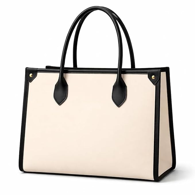 Women's Laptop Tote Bag Stylish Office Handbag for Women | Large Capacity Ladies Shoulder Bag | Premium Structured Leatherette Purse for Office, College & Travel | Beige Black