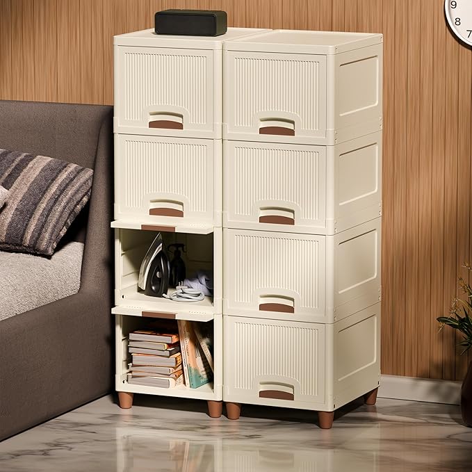 Amazon Basics Multi-Purpose Organizer | Modular Storage Box for Clothes, Kitchen, Bedroom & Living Room | Stackable Rack, Space-Saving Wardrobe Cabinet (Off White), 8 Piece