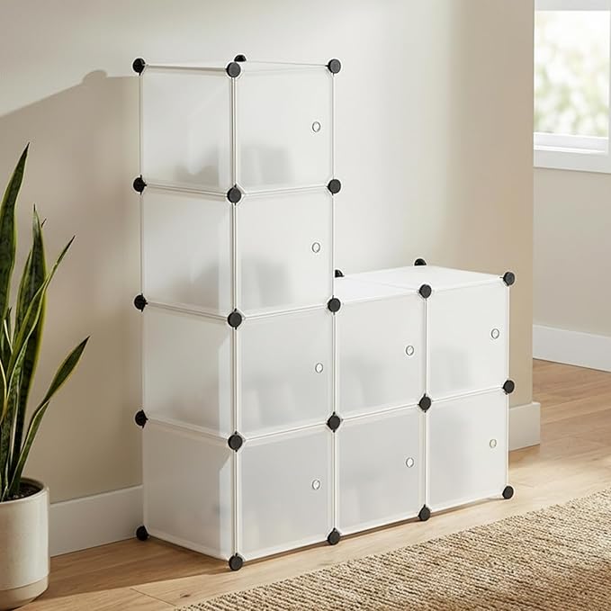 amazon basics Cube Storage Organizer | 8-Cube | 95.5 × 32 × 126 cm | Semitransparent White | PP + Iron | Stackable, Dustproof & Easy Assembly