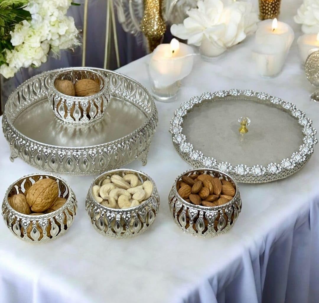 Trend Overseas German Silver Round 4 Bowl Set with Lid & Tray | Crystal Knob Dry Fruit & Sweet Server | Elegant Home Décor, Festive & Wedding Return Gift