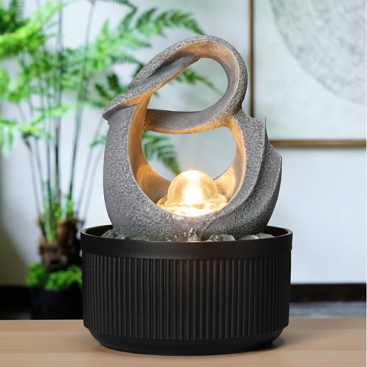 amazon basics Compact Indoor Fountain with LED | Mixed Finish, Grey with Black | Polyresin & Plastic | Pump Ball | 220V Powered | IPX8 Rated | 0.8L Water Tank | 17×17×24 cm