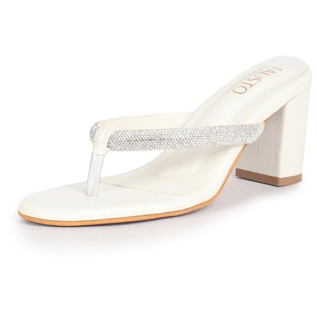 FAUSTO Women T-Strap Block Heel Wedding Sandals with Shimmering Strap | Party-Ready 3 Inch Heel Slip-On Sandal | Glossy Finish for Evening Elegance