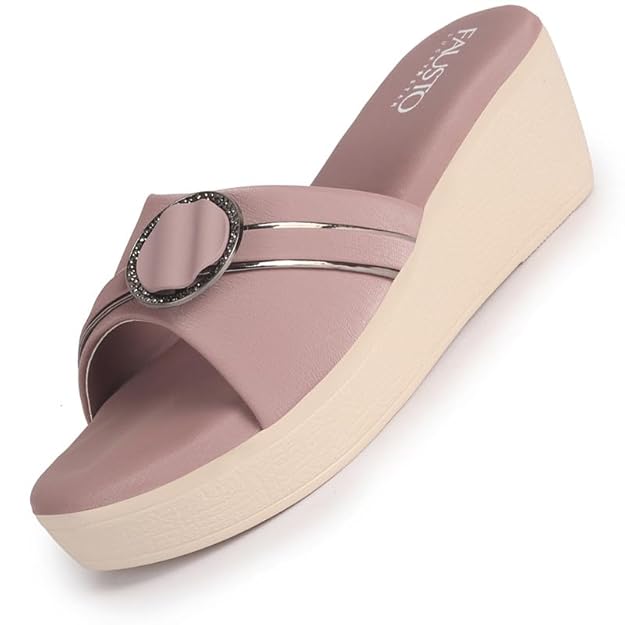 FAUSTO Women Buckle Design Wedge Heel Sandals | Comfortable Slip-On Platform Slides For All Day Wear, Casual and Party | Soft Cushioned Insole