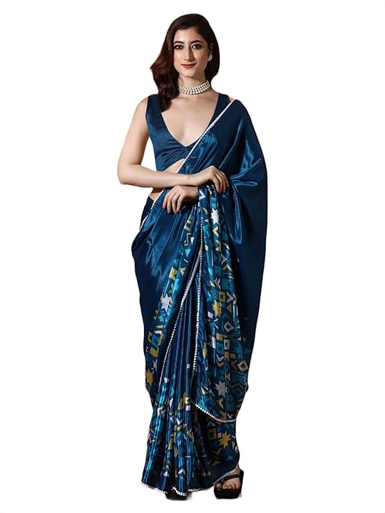 Amazon Brand - Tavasya Women's Chinnon Ready To Wear Printed Saree with Unstitched Blouse Piece and Lace Work-VP5079 to 5086-P