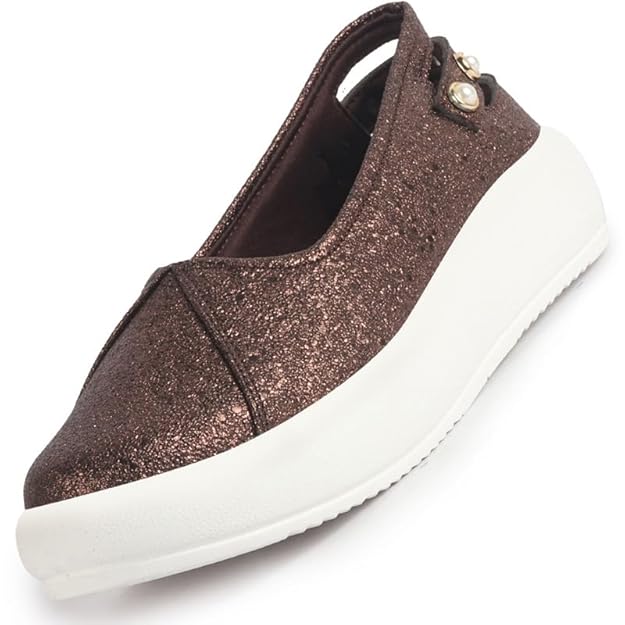 FAUSTO Women Glitter Slip-On Casual Platform Shoe with Pearl Detail | Height Enhancer Shiny Party Loafers | Ballerina with Memory Cusion Insole