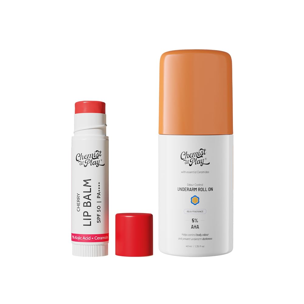Chemist At Play Cherry Lip Balm (4.5g) + Aqua Underarm Roll-On (40ml) | With Kojic Acid, Lactic Acid & Mandelic Acid | Brightens Dark Lips & Underarms, Repairs & Exfoliates | SPF 50 | For Men & Women