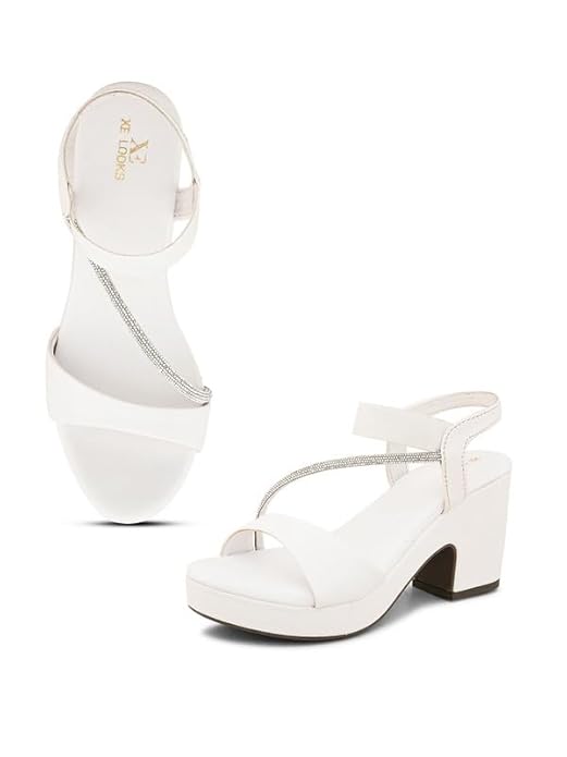 XE Looks Women's Sandals with Stylish Block Heel | Glittery Side Strap & Secure Back Support | Comfort Cushion Sole for Long Wear | Trendy Design Heels For Girls & Women