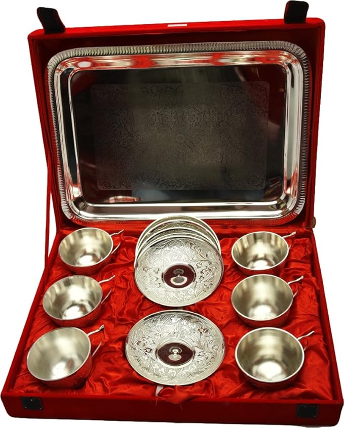 Jaipur ACE Silver Plated 6 Cup Set with Plates | 200 ML Royal Tea Coffee Cups in Velvet Box | Decorative Silver Tea Cup Set for Wedding, Anniversary & Festive Gifts