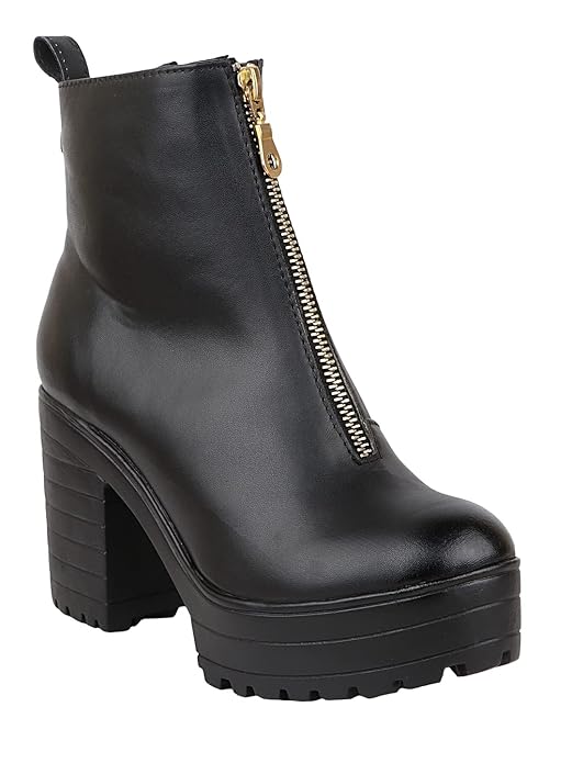 Shoetopia Women's Chunky Heel Platform Ankle Boots with Front Zip Stylish Faux Leather Booties for Party, Street & Casual
