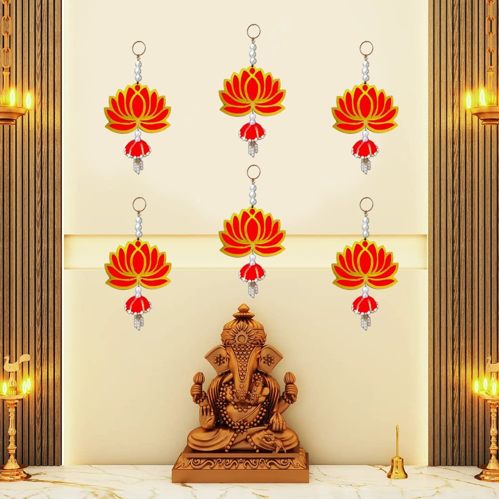 6 Pc Red Lotus Moti Jhumka Gift Decorative Showpiece for Diwali Ganesh Chaturthi Pooja Home Wall Decor Temple Wedding Stage Decoration