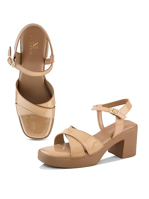 XE Looks Elegant Block Heel Sandals | Front Strap with Intricate Embellishments | Padded Insole for Comfort | Trendy and Lightweight |For Girls