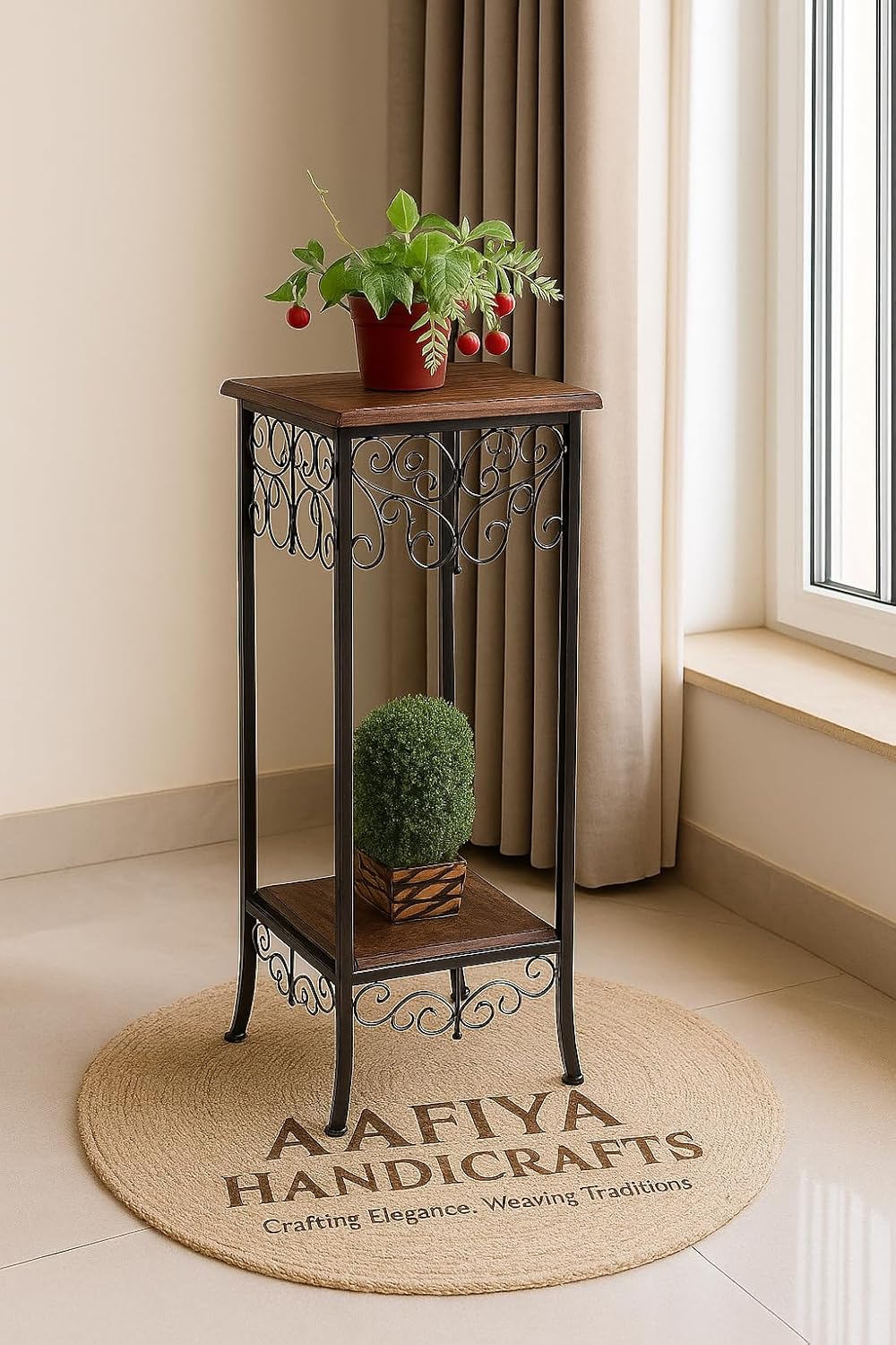 Elegant Wooden and Iron Side Table for Home Office – Stylish, Durable, and Functional Accent Table for Living Room, Bedroom, or Workspace (Brown & Black)