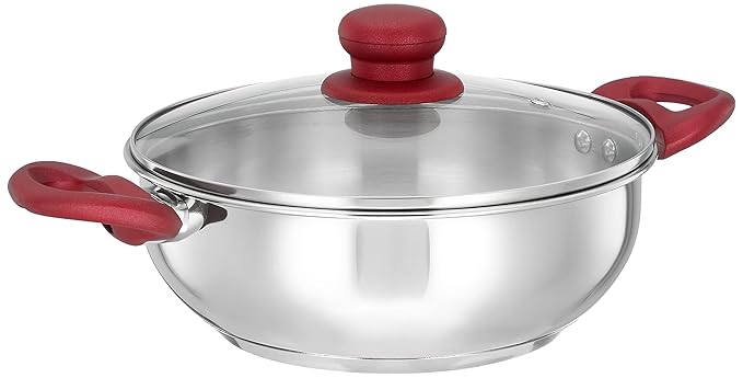 Amazon Brand - Solimo Stainless Steel Heavy Bottom Kadhai with Glass lid |Three Layer Impact Forged Bottom|Durable|Soft Touch Handles and Knob|2L | Silver|Induction and Gas Stove Compatible