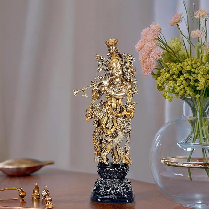 Amazon Brand - Umi Brass Lord Krishna Murti for Gift Idol Statue Large Size Krishna Playing Flute, Height : 29 inches