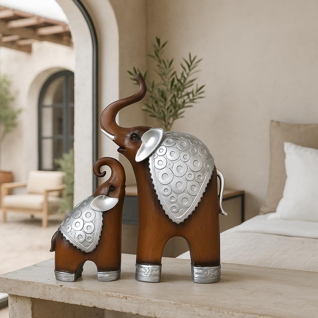 Thai Style Elephant Figurines Mother & Child Elephant Fengshui Resin Sculptures for Home Decor Ornament - (Set of 2, Brown)