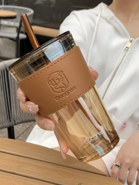 KiKiluxxa Glass Coffee Sipper Tumbler Mug with Straw and Lid - 400ml-Pack of 1 - Tea and Coffee Fruit Juice Milk Cup with Straw (Berry)