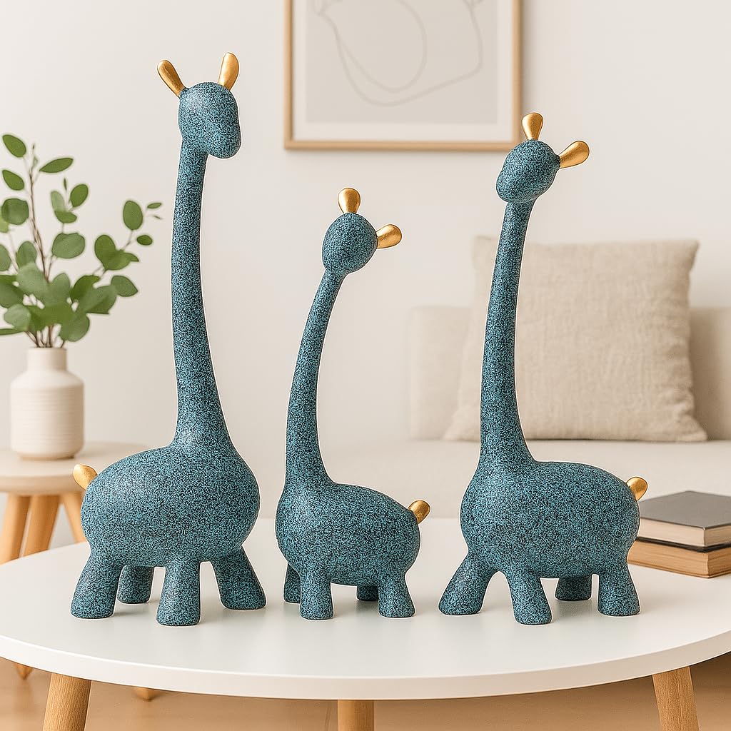 Giraffe Sculpture Family of Three Statues Handicraft Resin Sculptures for Home Decoration, Figurine Accessories, Art Gifts, Crafts, Desk Ornaments (Pack of 3, Blue Color)