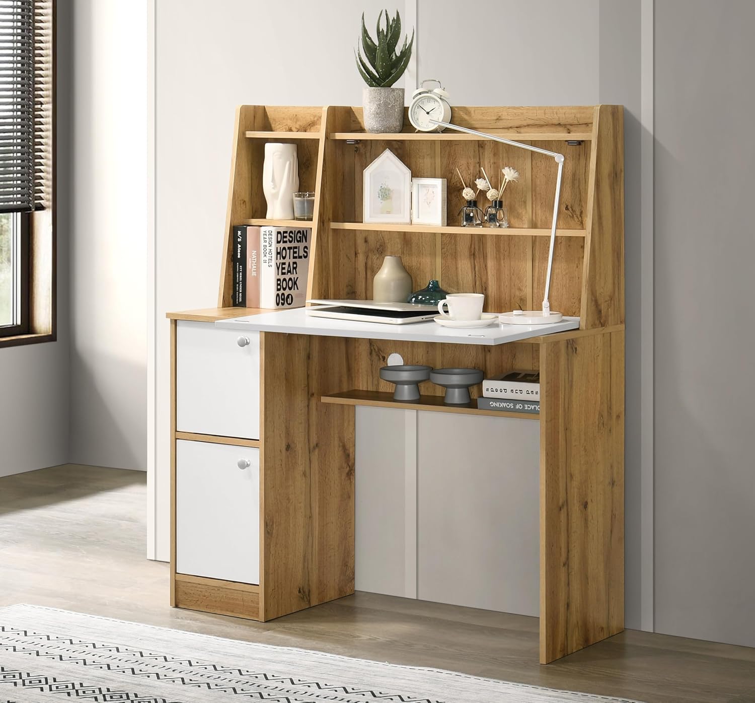 DeckUp Aston Home Engineered Wood Study Table and Office Desk (Wotan Oak & White, Matte Finish)