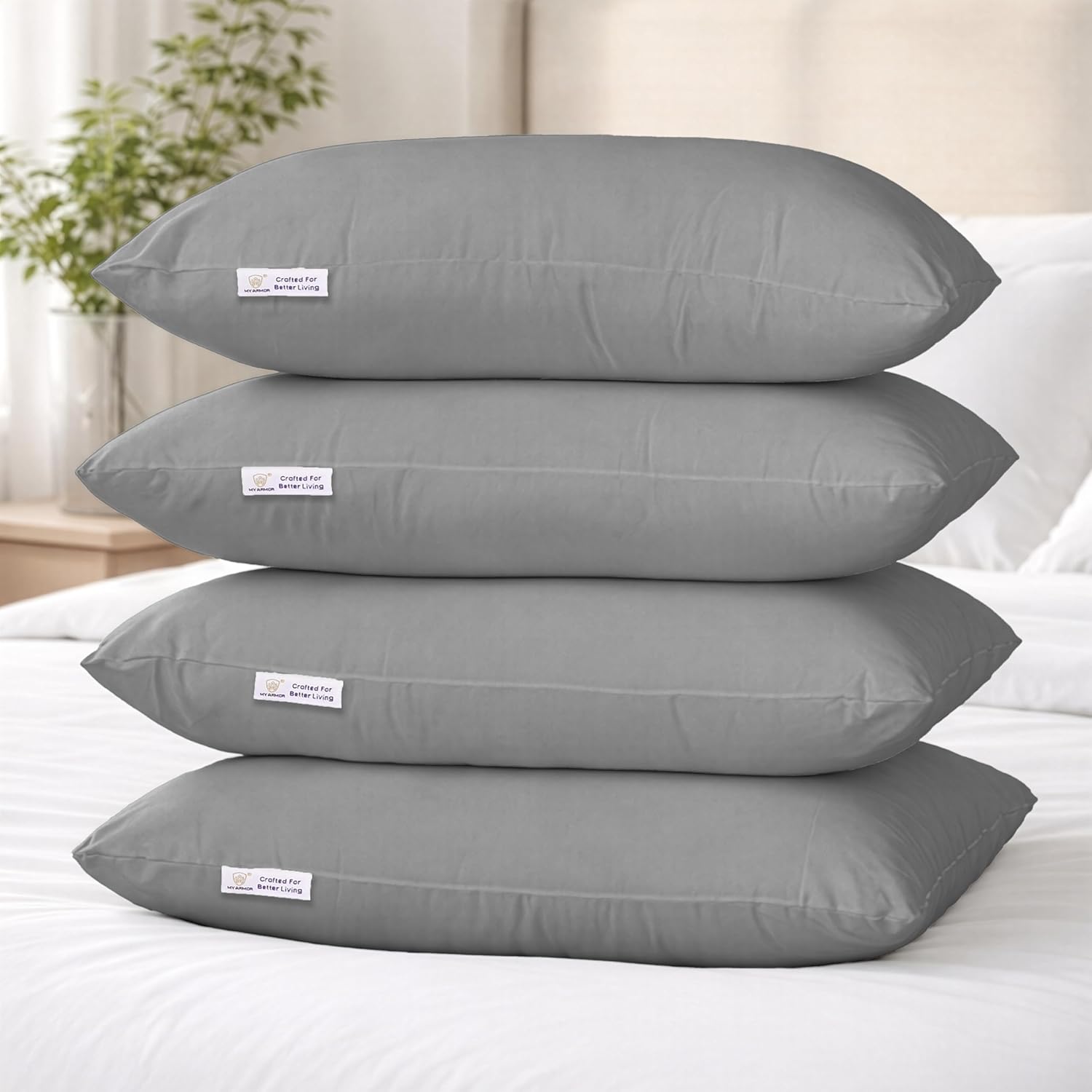 MY ARMOR Height Adjustable Microfiber Pillows Set of 4 for Sleeping, 41x61 cm |6 Months Warranty| Without Cover, Grey