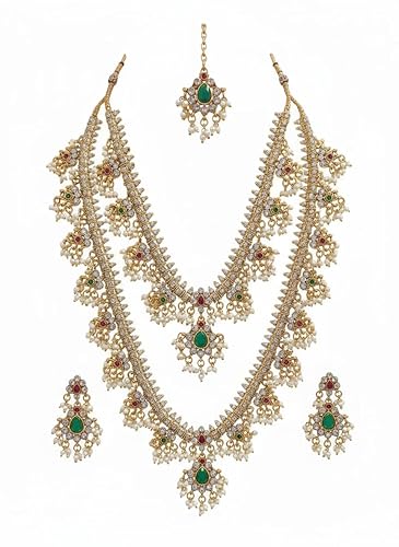Indian Bridal Jewellery Set for Women – Gold-Plated Long Necklace, Earrings, Maang Tikka