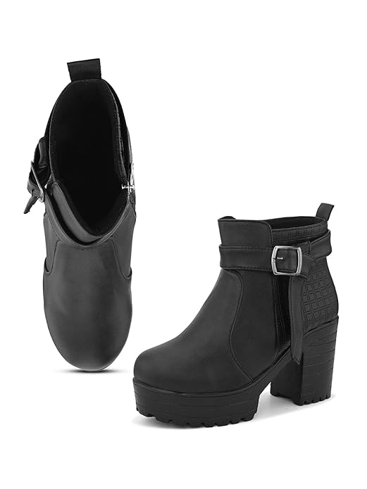 XE Looks Fashionable & Trendy Block Heel Ankle Boots for Women with Buckle Detail and Zipper Closure, Ideal for Casual and Dressy Outfits for Women & Girls