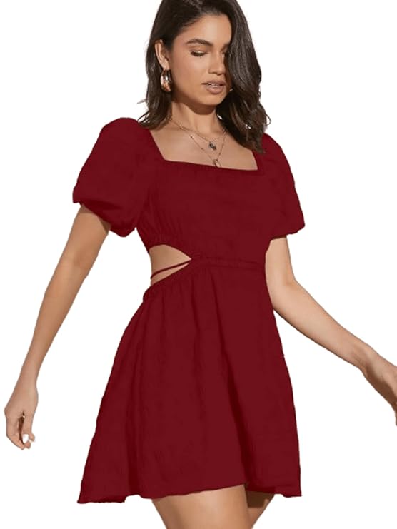 Aahwan Women's & Girl's Fit and Flare Black Solid Summer Beach Square Neck Puff Sleeve Cut Out Waist Mini Dress