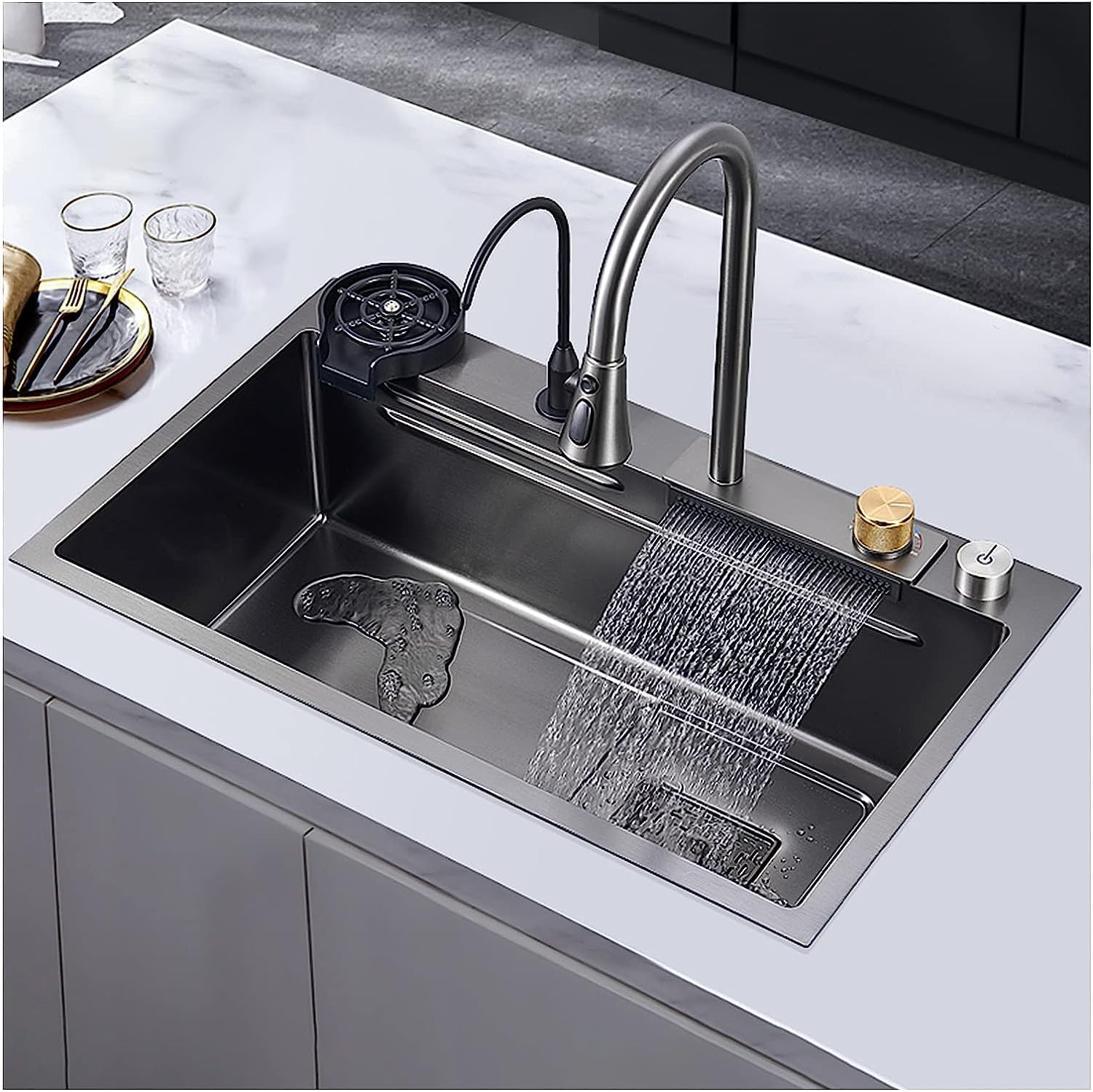 Waterfall Anti-Scratch Multifunctional Kitchen Sink 24×18×9 Inch | Honeycomb Stainless Steel Sink with Pull Down Faucet, Cup Washer & Drain Basket | Modern Kitchen Sink