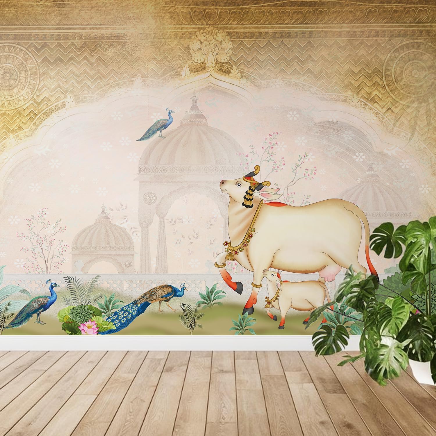 PAPER PLANE DESIGN Pichwai Design Spiritual and Ethnic Wall Mural Wallpaper for Room. Full Wall Coverage. (Ds-08) (8 X 10 FEET, Vinyl - Self Adhesive)