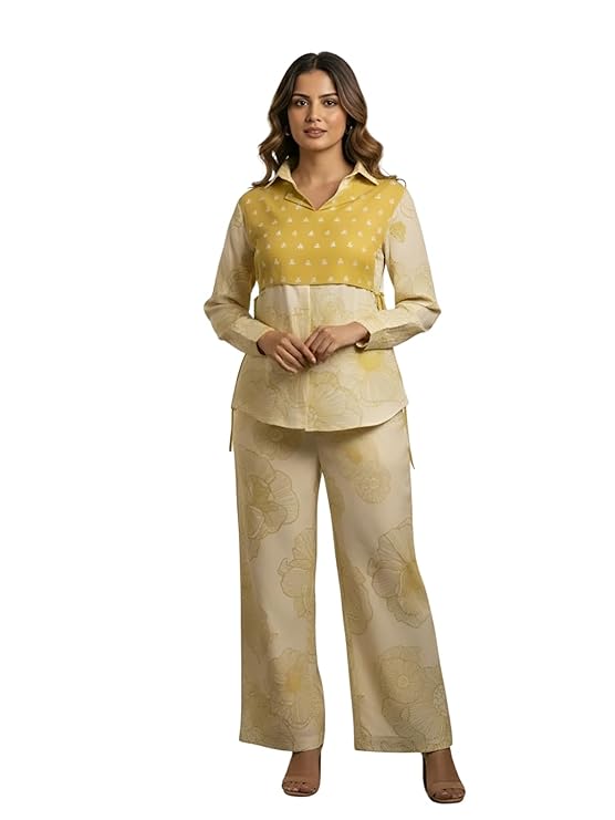 Leriya Fashion Co Ord Set for Women Stylish | 3 Piece Kurti Set for Women | Dress for Woman | Printed Co-Ord Set with Collar Neck | Kurta Sets for Woman | Summer Full Sleeve Top Pant Outfits