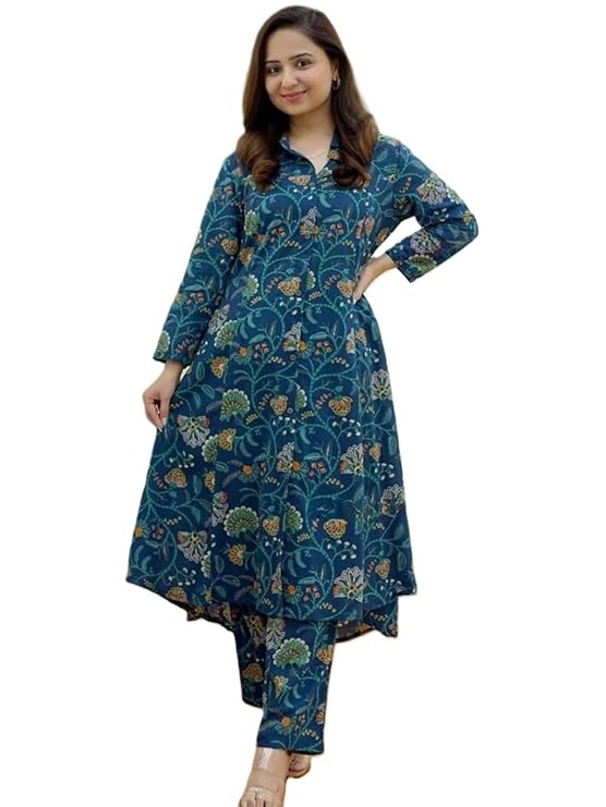 Leriya Fashion Women's Anarkali Rayon Floral Printed Kurta Pant Set | High-Low Hem & 3/4 Sleeves | Ethnic Co-ord for Festive & Casual Wear | Co ord Set For Women Stylish | 2 Piece Dress For Holiday Look & Puja