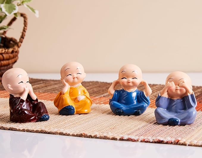 Amazon Basics Little Cute Meditating Baby Monk for Decoration (Pack of 4, Multi-Coloured)