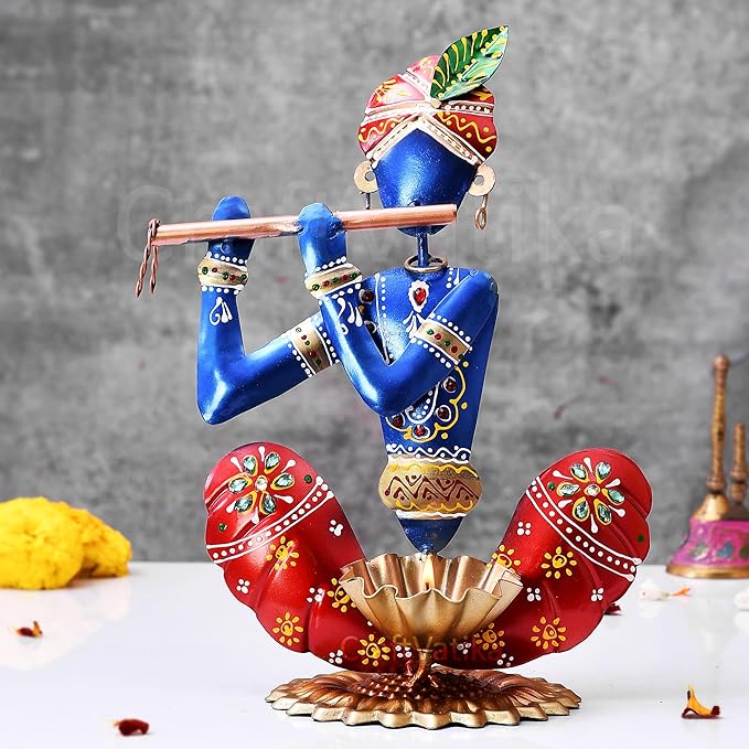 CraftVatika Home Decor Items - Home Decoration Gift for Living Room - House Warming Wedding Gift - Metal Krishna Showpiece - Handpainted Flute Krishna for Gift
