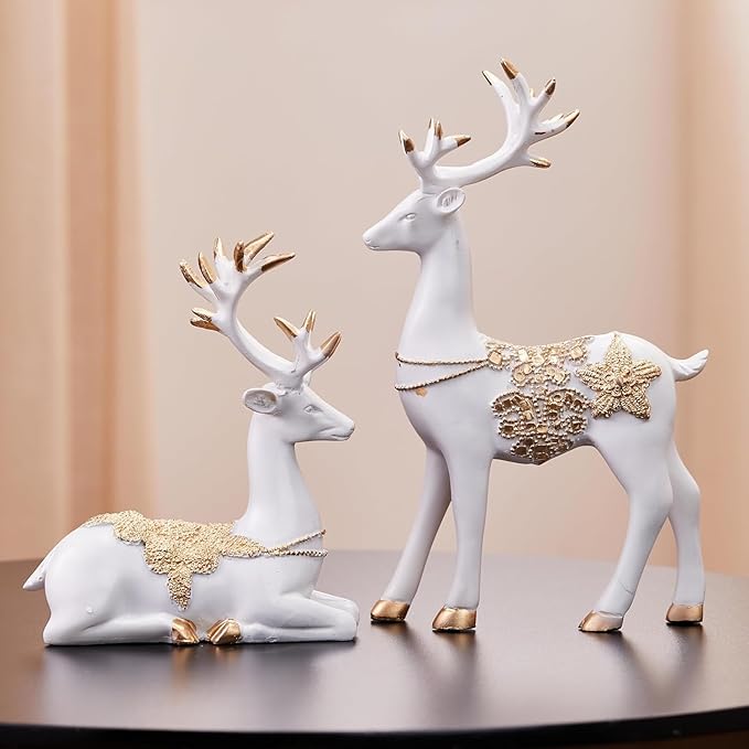 Amazon Basics Creative Resin Golden and White Reindeer Sculptures | Beautiful Home Decor Handicraft Resin | Elevates The Energy of Your Room (Pack of 2, White and Golden)