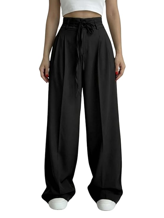 Aahwan OffWhite Solid High Fabric Belt Waist Straight Korean Loose Pleated Wide Leg Trouser for Women's & Girl's